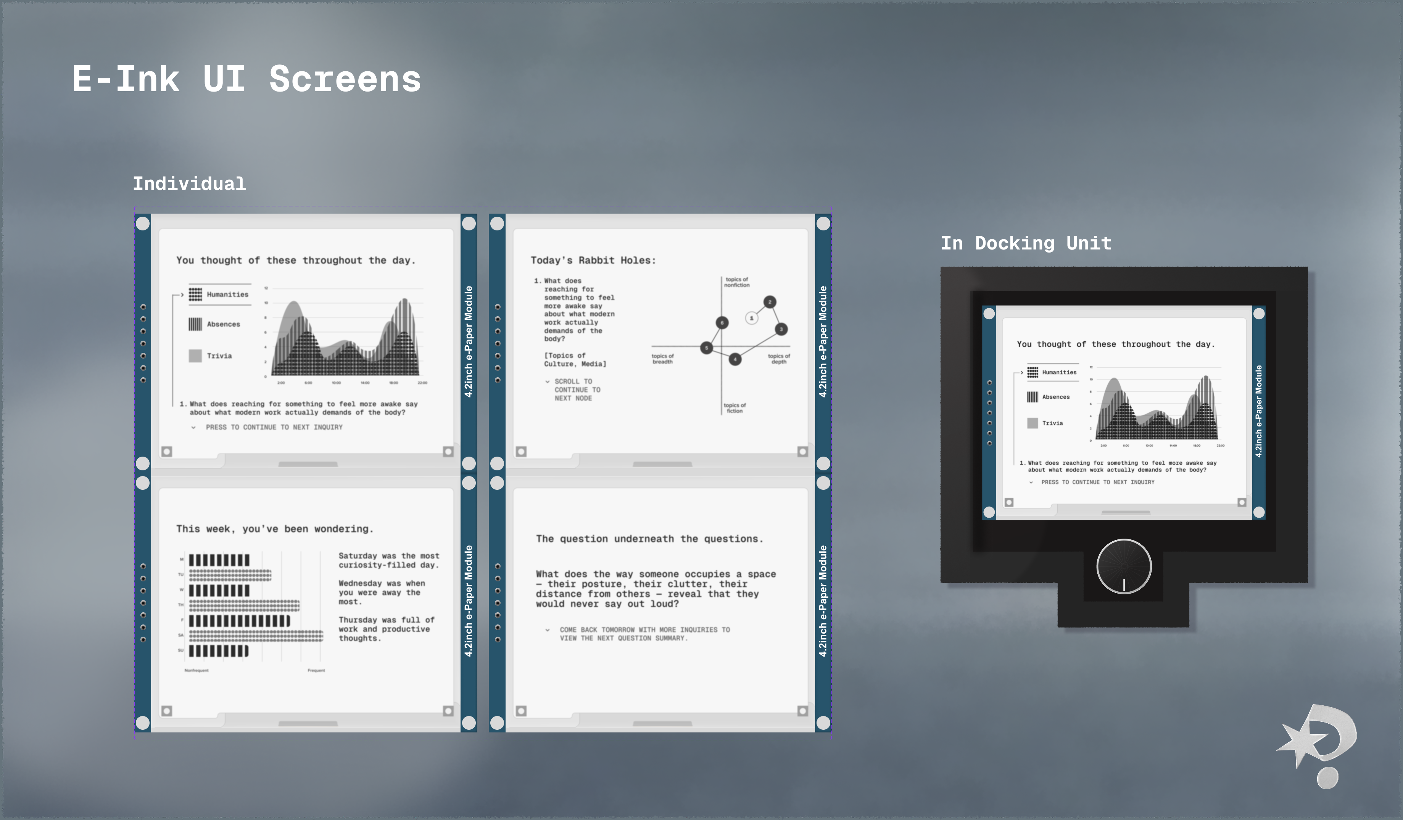 Curiosity Agent e-ink UI screens showing question history and themes.