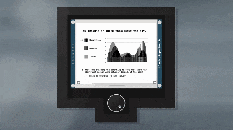 Curiosity Agent e-ink display animating through daily question summaries.