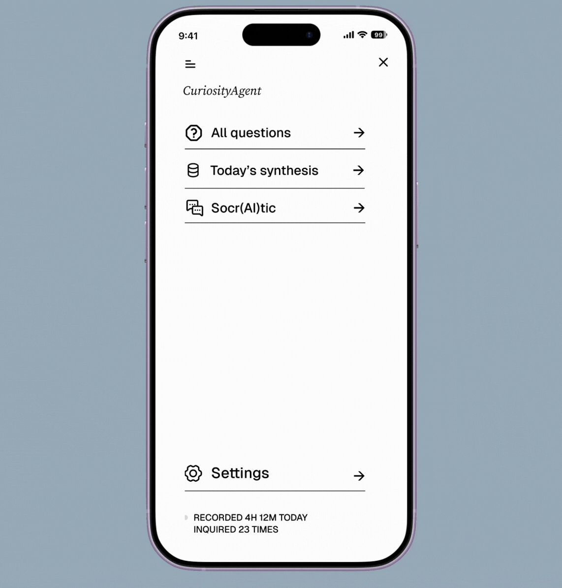 Speculative Curiosity Agent insights screen summarizing questions over time