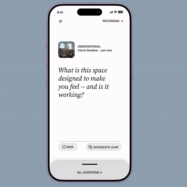 Curiosity Agent speculative app — question archive drawer